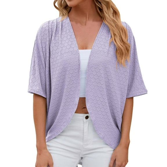 Ediodpoh 2025 Europe and America Spring Summer Solid Colour Short Sleeved Cardigan for Women Casual Loose Tops Purple S