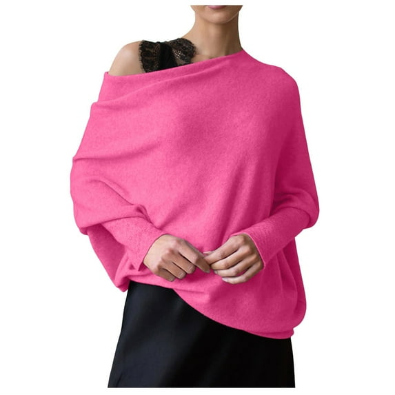 Ediodpoh 2025 Spring Women Boat Neck Long Sleeve Soft Knit Loose Oversized Baggy Pullover Top Womens Sweaters Hot Pink