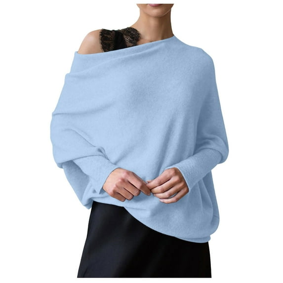 Ediodpoh 2025 Spring Women Boat Neck Long Sleeve Soft Knit Loose Oversized Baggy Pullover Top Womens Sweaters Light Blue