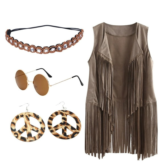 Ediodpoh 4PC Sets Women Autumn Winter Ethnic Sleeveless Tassels Fringed Vest with Headband Glasses Earrings Brown XXL
