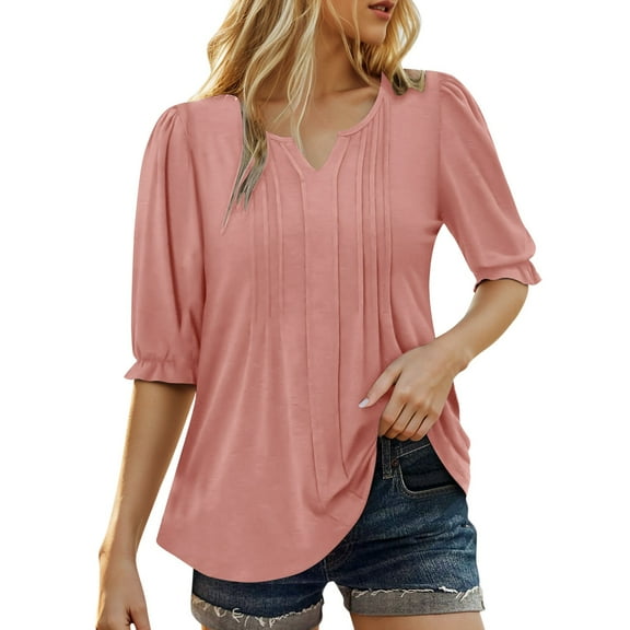 Ediodpoh A Plain Colored Casual Top with Puffed Sleeves and A V Neck Five Quarter Sleeve T Shirt for Ladies Tshirts Shirts for Women Pink L