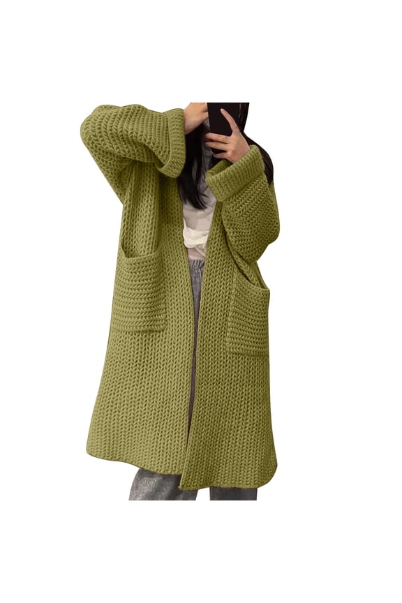 Ediodpoh Autumn Winter Thick Needle Sweater Womens Cardigan Double Pocket Casual Lazy Wind Midi Sweater Jacket Green