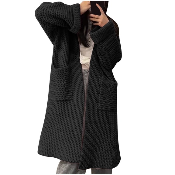 Ediodpoh Autumn Winter Thick Needle Sweater Womens Cardigan Double Pocket Casual Lazy Wind Midi Sweater Jacket Grey