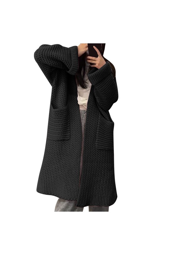 Autumn Winter Thick Needle Sweater Womens Cardigan Double Pocket Casual Lazy Wind Midi Sweater Jacket Grey