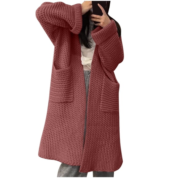 Ediodpoh Autumn Winter Thick Needle Sweater Womens Cardigan Double Pocket Casual Lazy Wind Midi Sweater Jacket Pink