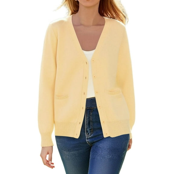 Ediodpoh Cardigan Sweaters for Women Lightweight Soft Knit V Neck Cardigan Casual Long Sleeve Open Front with Pocket Cover Up Yellow M