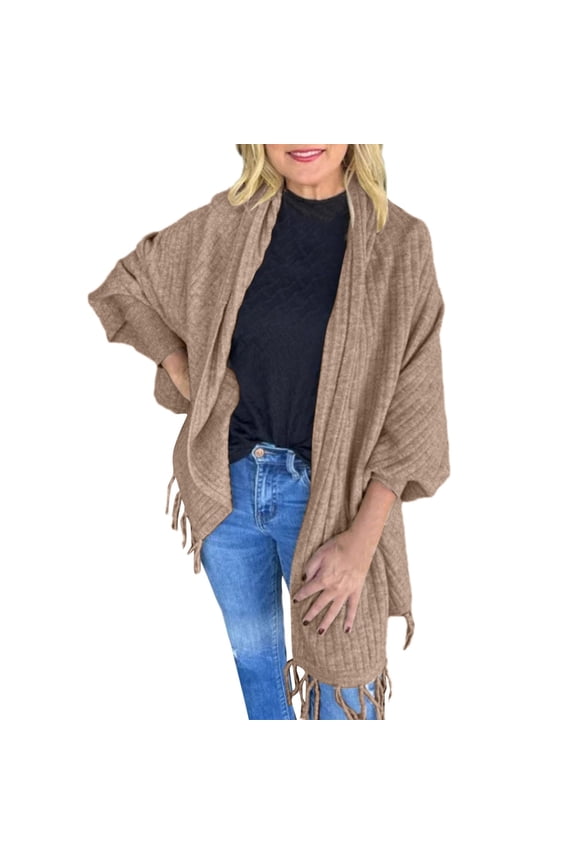Cardigan for Women Autumn Winter Fashion Solid Color Knitted Fringed Cape Cardigan Coat Coffee