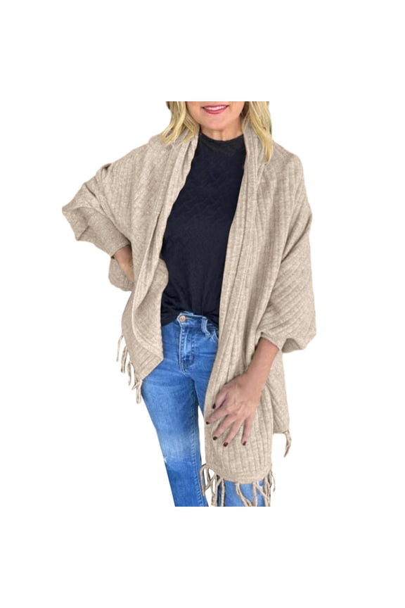 Cardigan for Women Autumn Winter Fashion Solid Color Knitted Fringed Cape Cardigan Coat Khaki