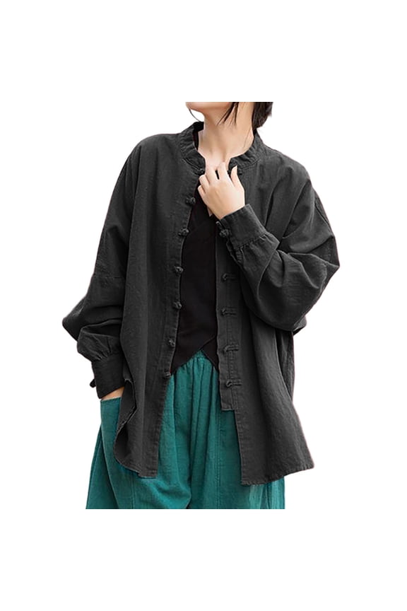 Cardigan for Women Chinese Retro Style Linen Long Sleeve Shirt Top with Buttons Outerwear Open Front Black XXL