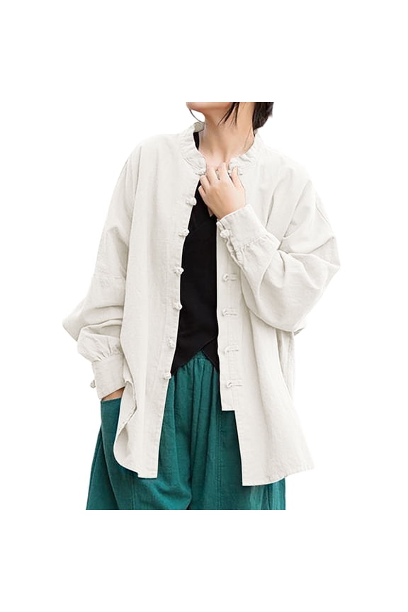 Cardigan for Women Chinese Retro Style Linen Long Sleeve Shirt Top with Buttons Outerwear Open Front White XXL