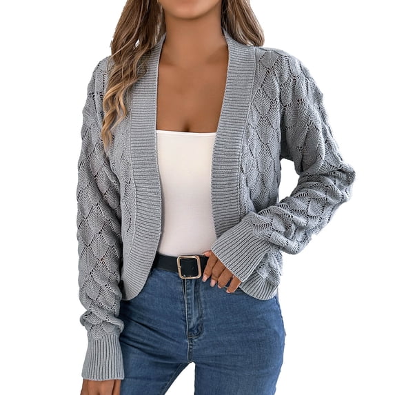 Ediodpoh Cardigan for Women Knit Cardigan Long Sleeve Open Front Lace Hollow Out Boho Sweater Short Coat Fall Winter Grey L