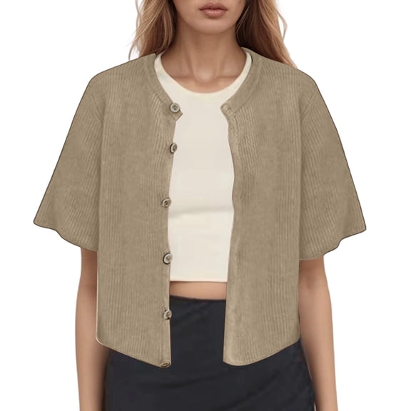 Ediodpoh Cardigan for Women Lightweight Cozy Short Sleeve Knit Sweater with Buttons Versatile Casual Outerwear for All Seasons Khaki XS