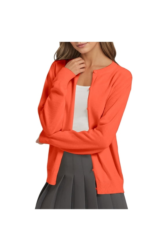 Cardigan for Women Lightweight Knit Solid Color Round Neck Open Front Sweater Casual Loose Fit Thin Cover up Outerwear Orange M