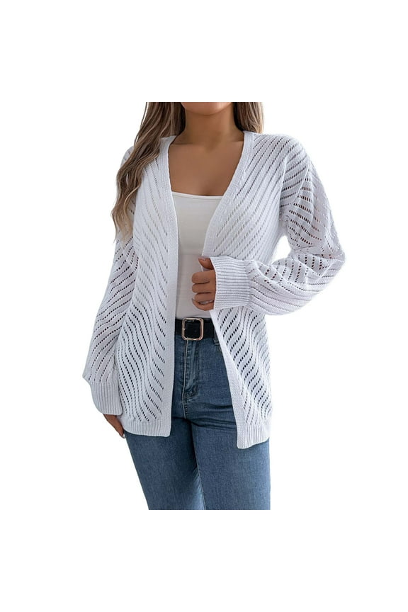 Cardigan for Women Winter Long Sleeve V Neck Crochet Kimonos Loose Open Front Hollow Out Cover Ups White_002 L