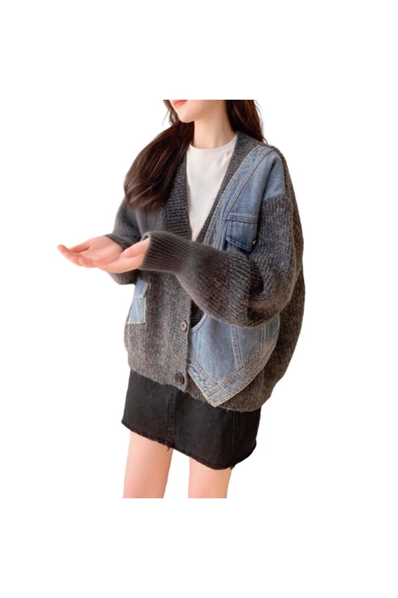Ediodpoh Cardigans for Women Fall Knitted Denim Patchwork Open Front Sweater Jacket Casual Long Sleeve Button up Outwear Grey