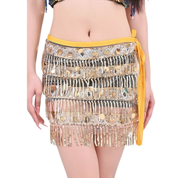 Ediodpoh Carnival Sequin Skirt for Women Glitter Fringe Triangle Scarf Wrap Skirt for Belly Dance Performance Chain Sash Waist with Sequins Long Skirts for Women Yellow One Size