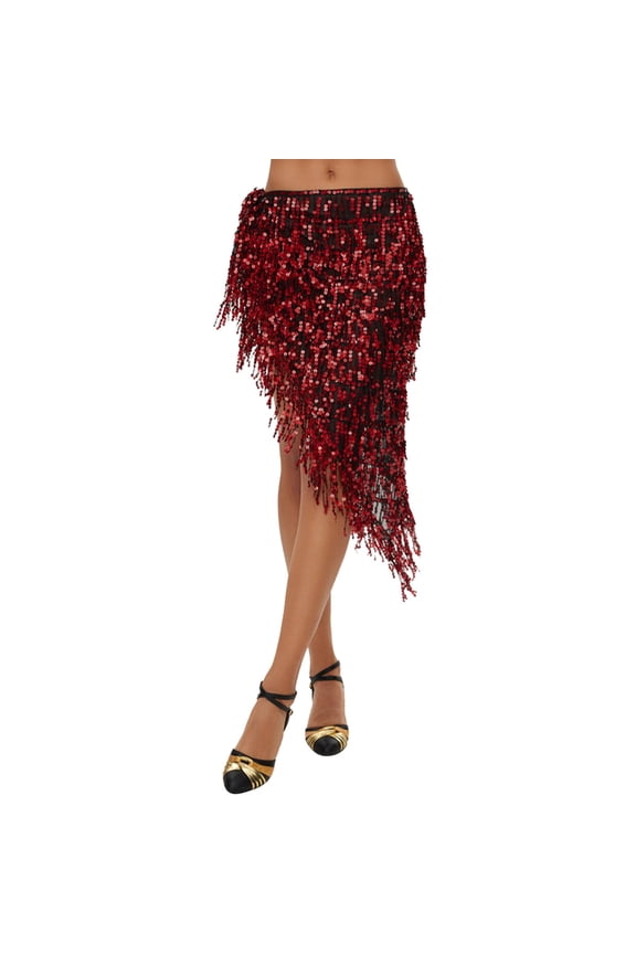 Carnival Sequins Skirt Womens Sequin Triangle Scarf Waist Chain Stage Performance Waist Wrap Fringe Sash Belly Dance Skirt Women's Skirts Red One Size
