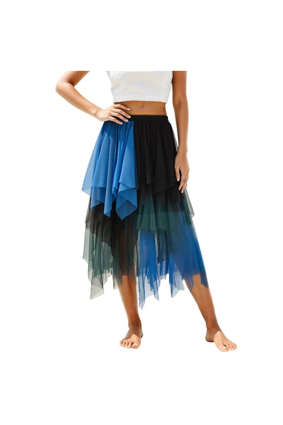Carnival Skirts for Women High Waist Unconventional Irregular Mesh Overlay Layered A-Line Sheer Flowy Versatile Street Party Wear Midi Skirts for Women Sky Blue S