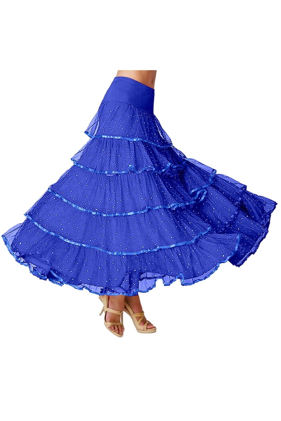 Ediodpoh Carnival Sparkly Skirt for Women Modern Dance Skirt with Sequins Flared Hem Long Ballroom Skirt for Latin Standard Performance Womens Skirts Blue One Size