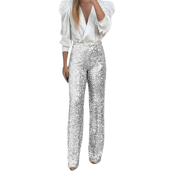 Fgnfyis Women Summer Pants Party Carnival Sequin Elastic Waist Slim Fit Trousers Solid Color Womens Pants Silver S