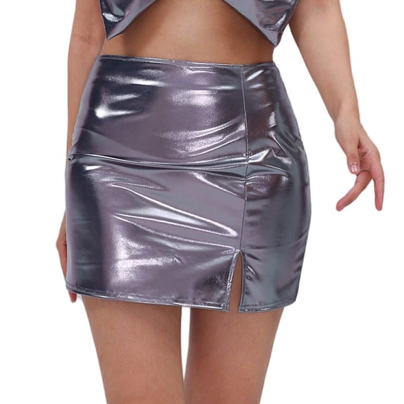 Ediodpoh Carnival Womens Skirts High Gloss Leather A Line Mini Skirt with Side Slit and Zipper for Party Clubwear Mini Skirts for Women Grey M