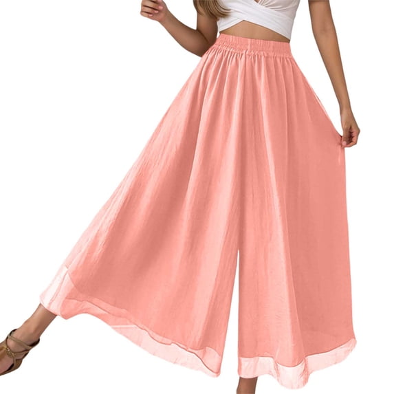 Fgnfyis Womens Palazzo Pants Casual High Waist Flowy Beach Summer Elastic Waist Chiffon Trousers Women's Wide Leg Pants Pink XL
