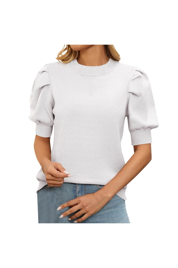Ediodpoh Casual Womens Short Sleeve Sweater with Round Neck and Puff Sleeves Solid Color Knit Top Womens Sweaters White S