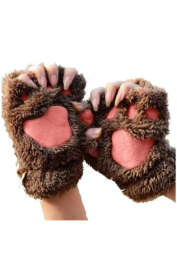 YOUSNH Cat's Claw Gloves Plush Half-finger Bear's Paw Fingerless Gloves Cute Women's Thick Halter Gloves Cartoon Warm Gloves Womens Gloves Brown