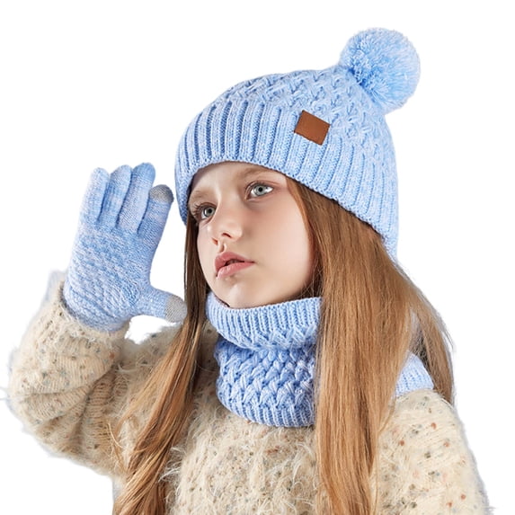 Ediodpoh Children Winter Hat Scarf and Gloves Set Fashionable Outdoor Warm Three Piece Set Soft and Cozy Sky Blue