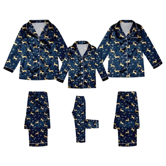 Ediodpoh Christmas Family Pajamas Matching Sets Printed Imitation Silk Long Sleeve Parent Child Outfit Home Pajamas for Women Dark Blue_001 XL