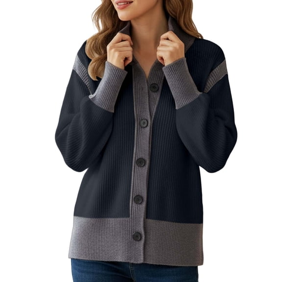 Ediodpoh Color Block Knitted Cardigan for Women Long Sleeve Open Front Sweater Soft Comfortable Lightweight Versatile Loungewear Black S