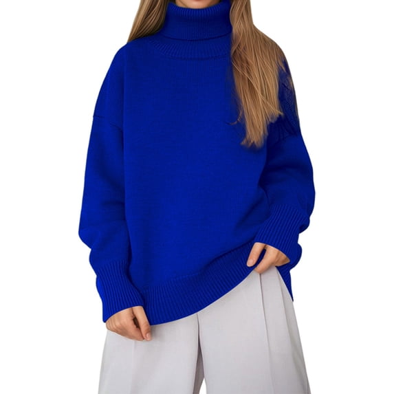 Ediodpoh Comfortable Solid Color High Neck Pullover Sweater Loose Knit Classic Sweaters for Women for Versatile Turtleneck Top Blue XXL