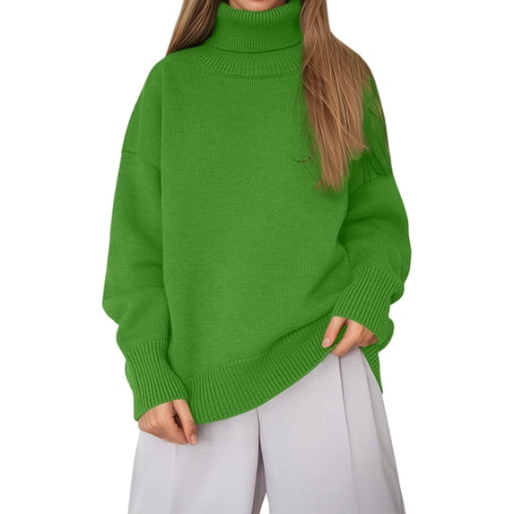 Ediodpoh Comfortable Solid Color High Neck Pullover Sweater Loose Knit Classic Sweaters for Women for Versatile Turtleneck Top Green XL
