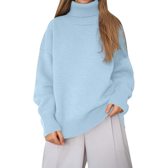 Ediodpoh Comfortable Solid Color High Neck Pullover Sweater Loose Knit Classic Sweaters for Women for Versatile Turtleneck Top Light Blue XL