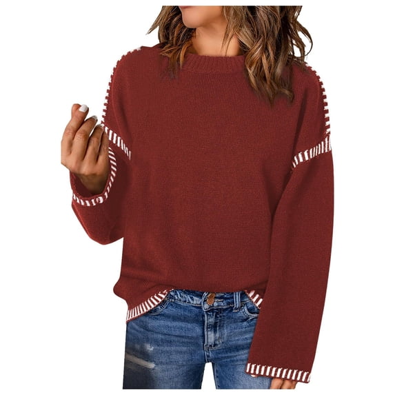 Ediodpoh Cozy Women's Fall Winter Solid Color Knit Sweater with Color Block Design Long Sleeve Crew Neck Pullover Top Fall Sweaters for Women Red L