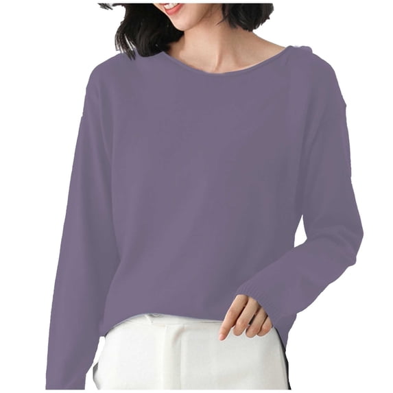 Ediodpoh Cozy Women's Knit Sweater Loose Fit Round Neck Pullover Versatile for Layering Knit Tops for Women Purple XL