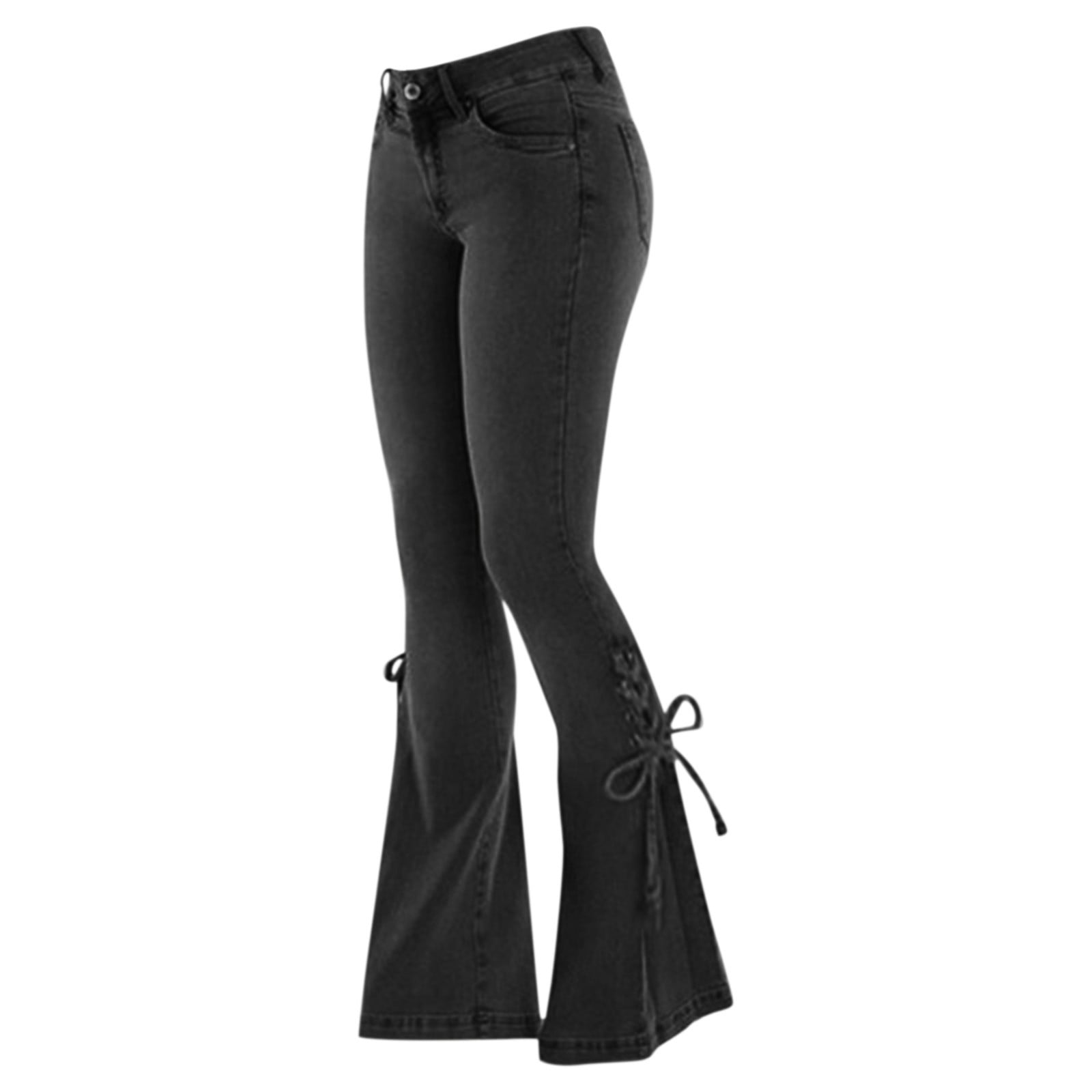 Ediodpoh Denim Jeans Lace up Pants Mid Waist Trousers Flared Women Pants Stretchy Bottom Womens Pants Black L