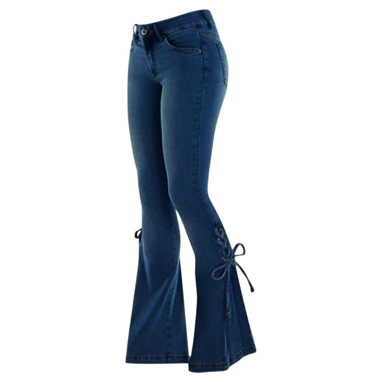 Ediodpoh Denim Jeans Lace up Pants Mid Waist Trousers Flared Women Pants Stretchy Bottom Womens Pants Blue XXL