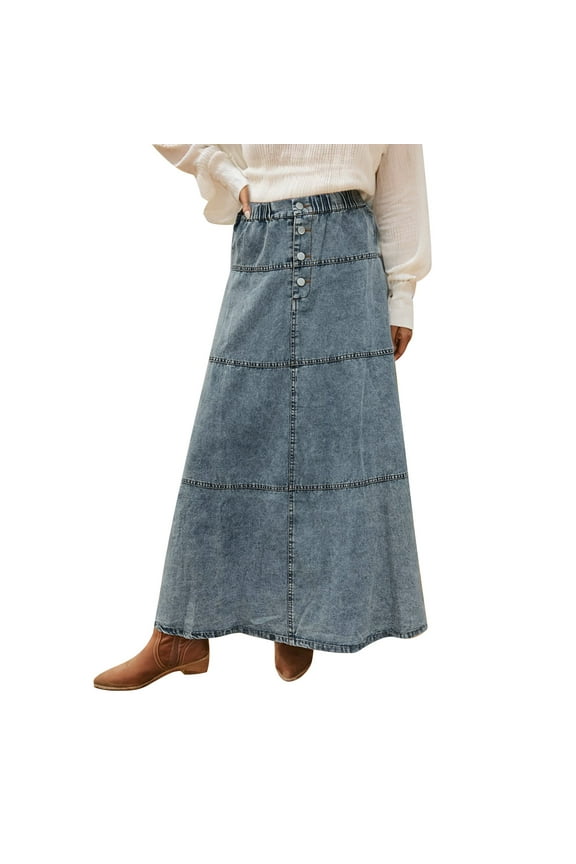 Denim Skirts Women's Boho A Line Layered Patchwork Denim Skirt for Bohemian Style Women's Skirts Light Blue L