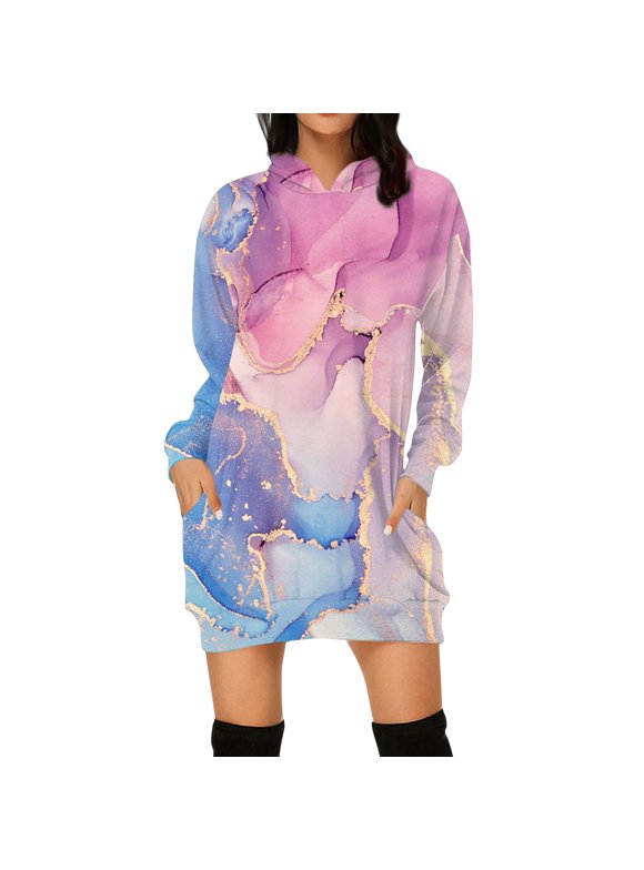 Ediodpoh Dresses for Women Fashion Printed Hooded Sweatshirts Dress Casual Long Sleeve Tunic Dress Oversized Hoodies Sweatshirts with Pocket Pink_007 M