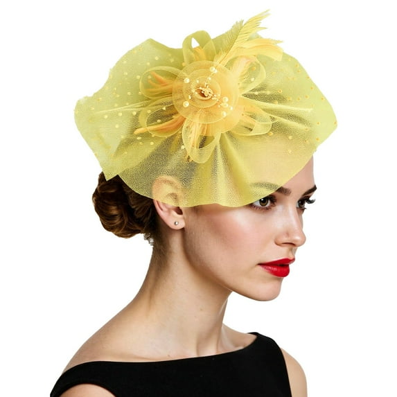 Ediodpoh Elegant Feather Fascinator Headband with Mesh for Women for Weddings Parties and Formal Events Yellow