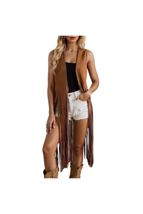 Elegant Long Fringe Vest Cardigan for Women Soft Suede Like Fabric Open Front Mid Length Layering Piece Brown M