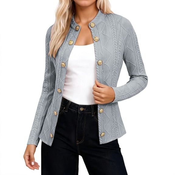 Ediodpoh Elegant Stand Collar Long Sleeve Sweater Coat with Decorative Metal Buttons Slim Fit Outwear for Fall and Winter Fashion Womens Sweaters Grey XXL