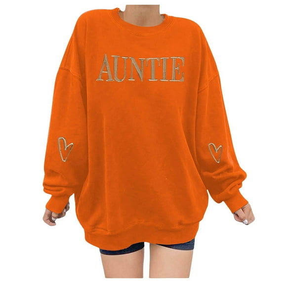 Riforla Embroidered Letter Print Long Sleeve Crewneck Pullover Top Sweatshirts for Women for Aunt Orange M