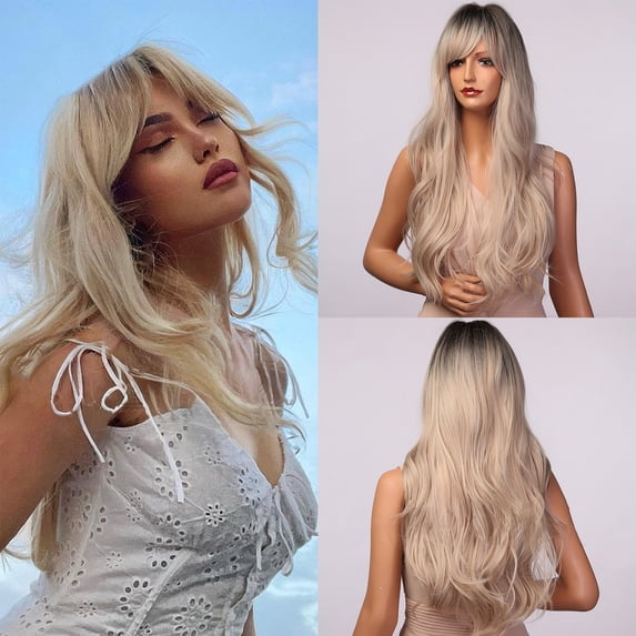 Ediodpoh European and American Style Bangs Dyed Platinum Long Curly Hair High Temperature Silk Wig Headgear Ladies 26inch/66cm Suitable for Festivals Parties Wigs for Women Beige_020