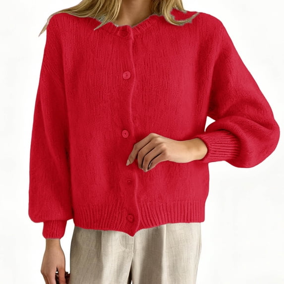 Ediodpoh Fall Casual Long Sleeve Open Front Knit Sweater Cardigans Coat with Pockets Fall Sweaters for Women Red M