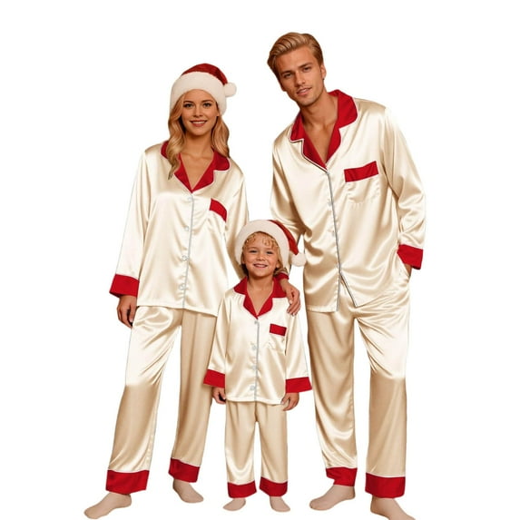 Ediodpoh Family Matching Pajamas Long Sleeve Silk Stain Sleepwear for Parents and Kids Holiday Family Sleepwear Set Holiday Cozy Loungewear Outfits for Kids Beige 11-12 Years