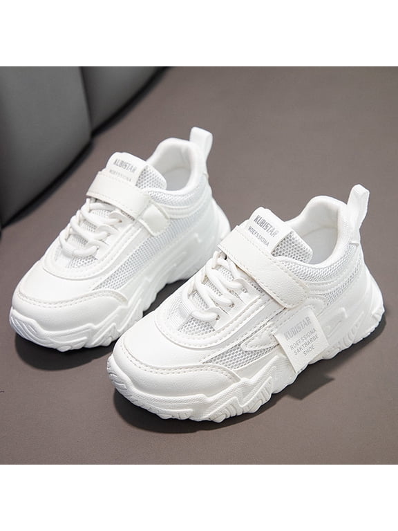 Ediodpoh Fashion Four Seasons Children Sneakers Girls Flat Thick Bottom Non Lightweight Mesh Upper Breathable Comfortable Lace up Hook Loop Solid Color Casual Style Kids Shoes White 4