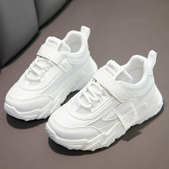 Riforla Fashion Four Seasons Children Sneakers Girls Flat Thick Bottom Non Lightweight Mesh Upper Breathable Comfortable Lace up Hook Loop Solid Color Casual Style Kids Shoes White 10