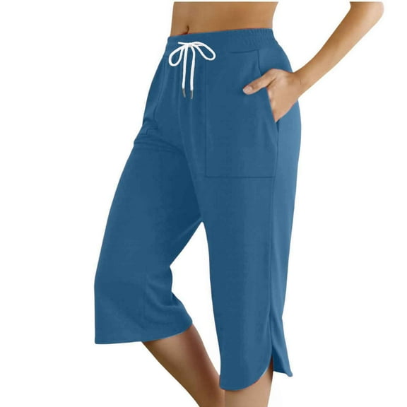Ediodpoh Fashion Solid Comfortable Casual Mid Waist Sport Womens Pants with Turned Pockets Blue S